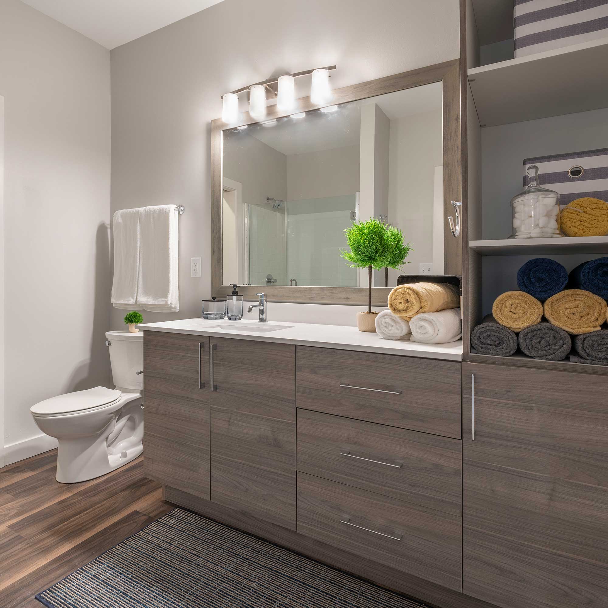 Ample shelves and storage in luxury bathroom at Halstead Maynard Crossing