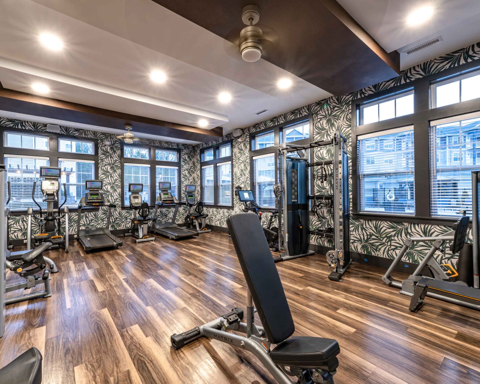 Barbells from the fitness center at luxury apartment building